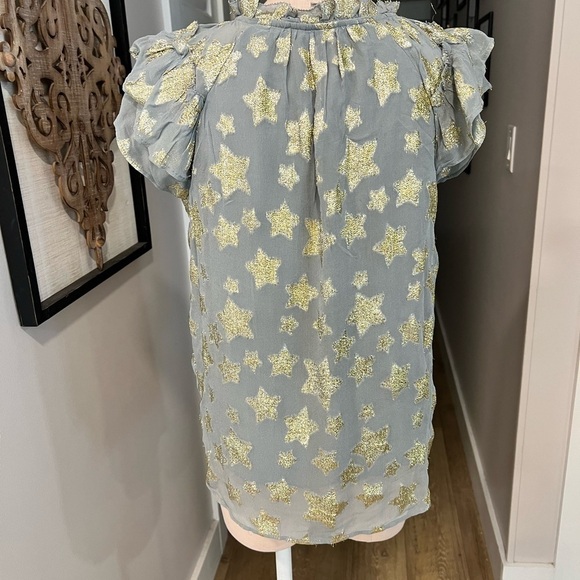 LOFT blue gray chiffon short sleeve blouse with gold stars - Picture 11 of 14